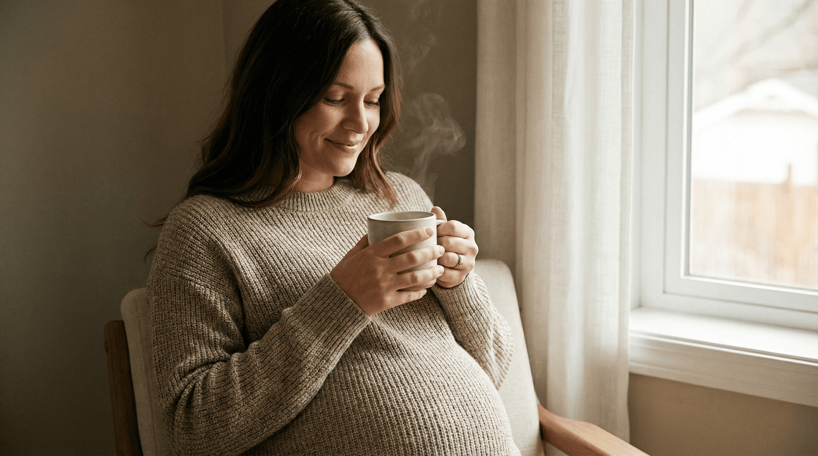 Femme enceinte apaisée avec tisane de gingembre pour les nausées de grossesse